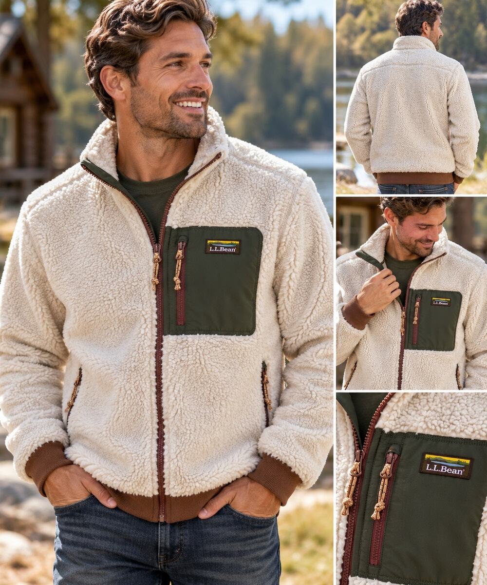 L.L.Bean Sherpa Fleece Jacket Mens M Cream Olive Full Zip Outdoor FW24 -#137